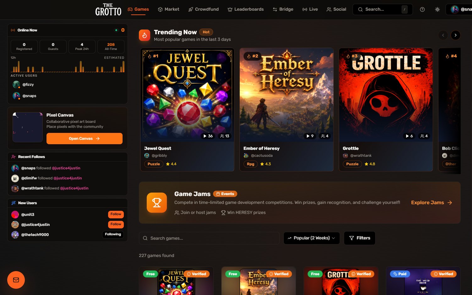 The Grotto gaming platform homepage